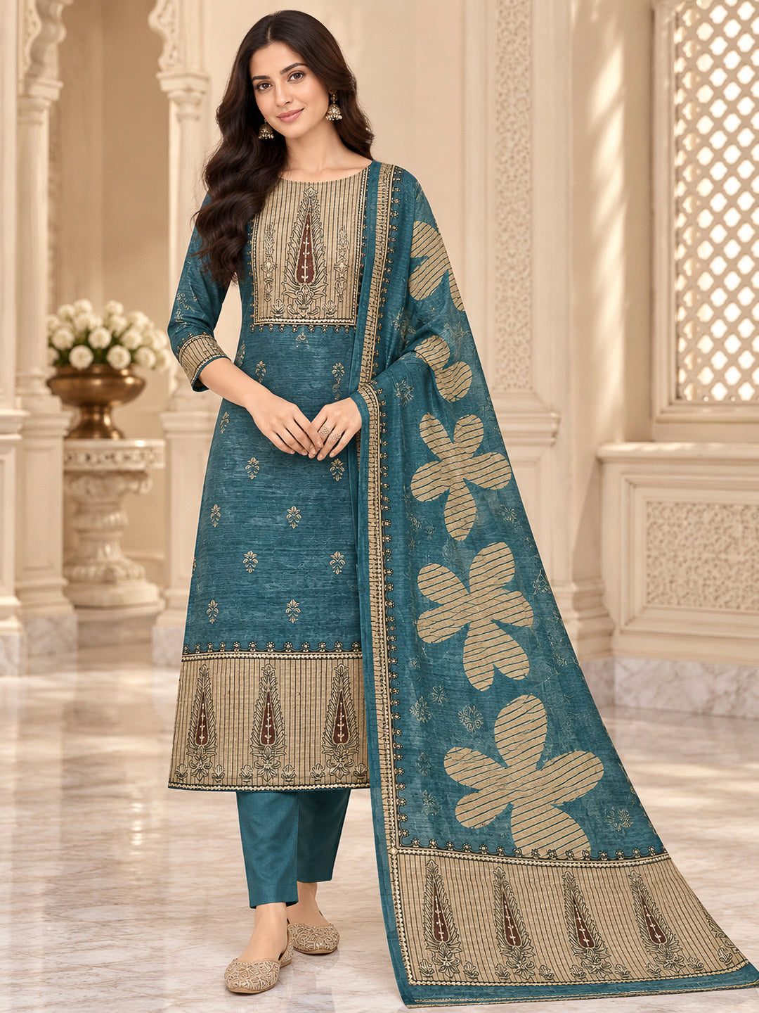 Rama Green Chanderi Embroidered Unstitched Dress Material