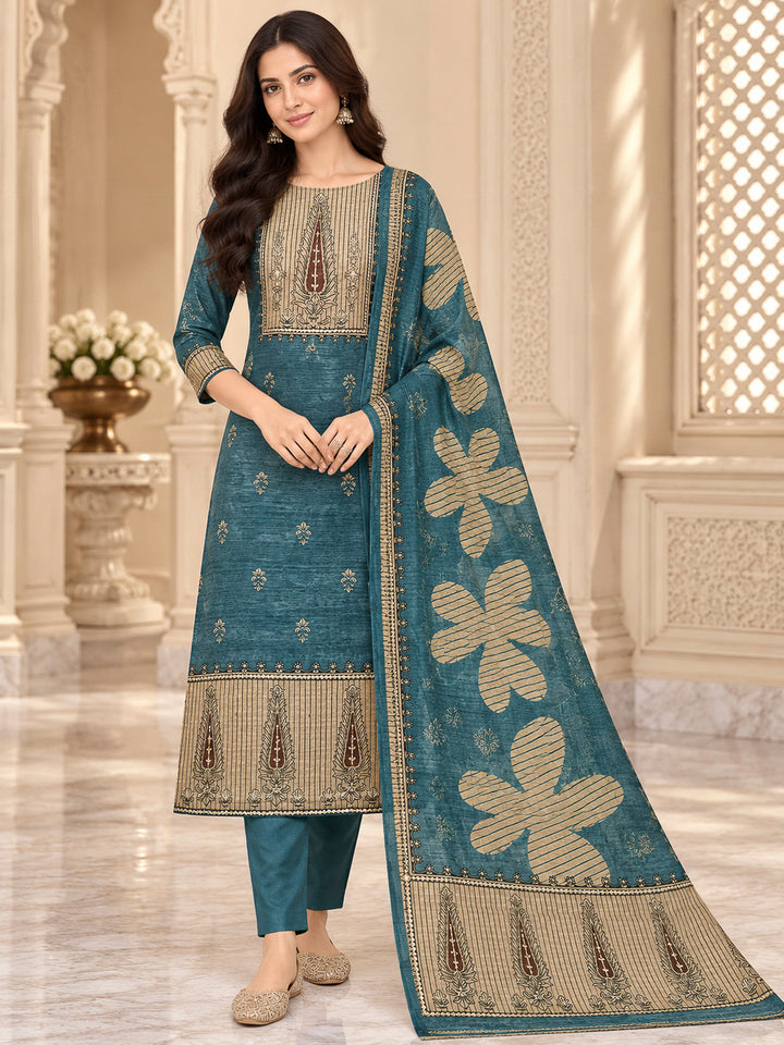 Rama Green Chanderi Embroidered Unstitched Dress Material