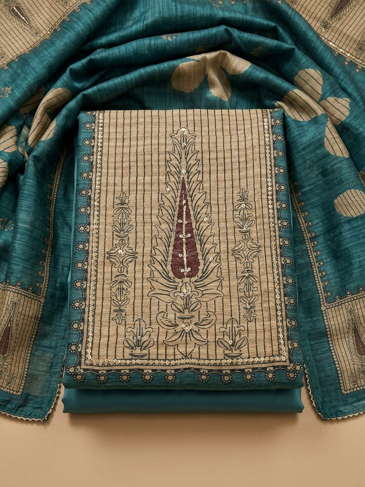 Rama Green Chanderi Embroidered Unstitched Dress Material