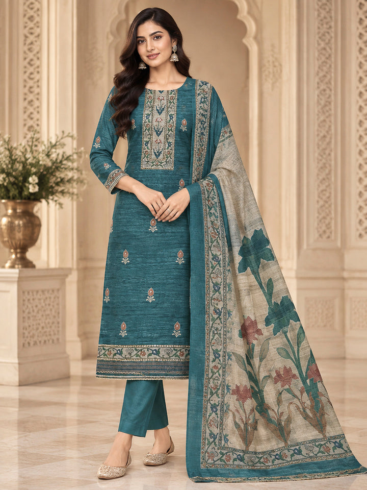 Blue Chanderi Embroidered Unstitched Dress Material
