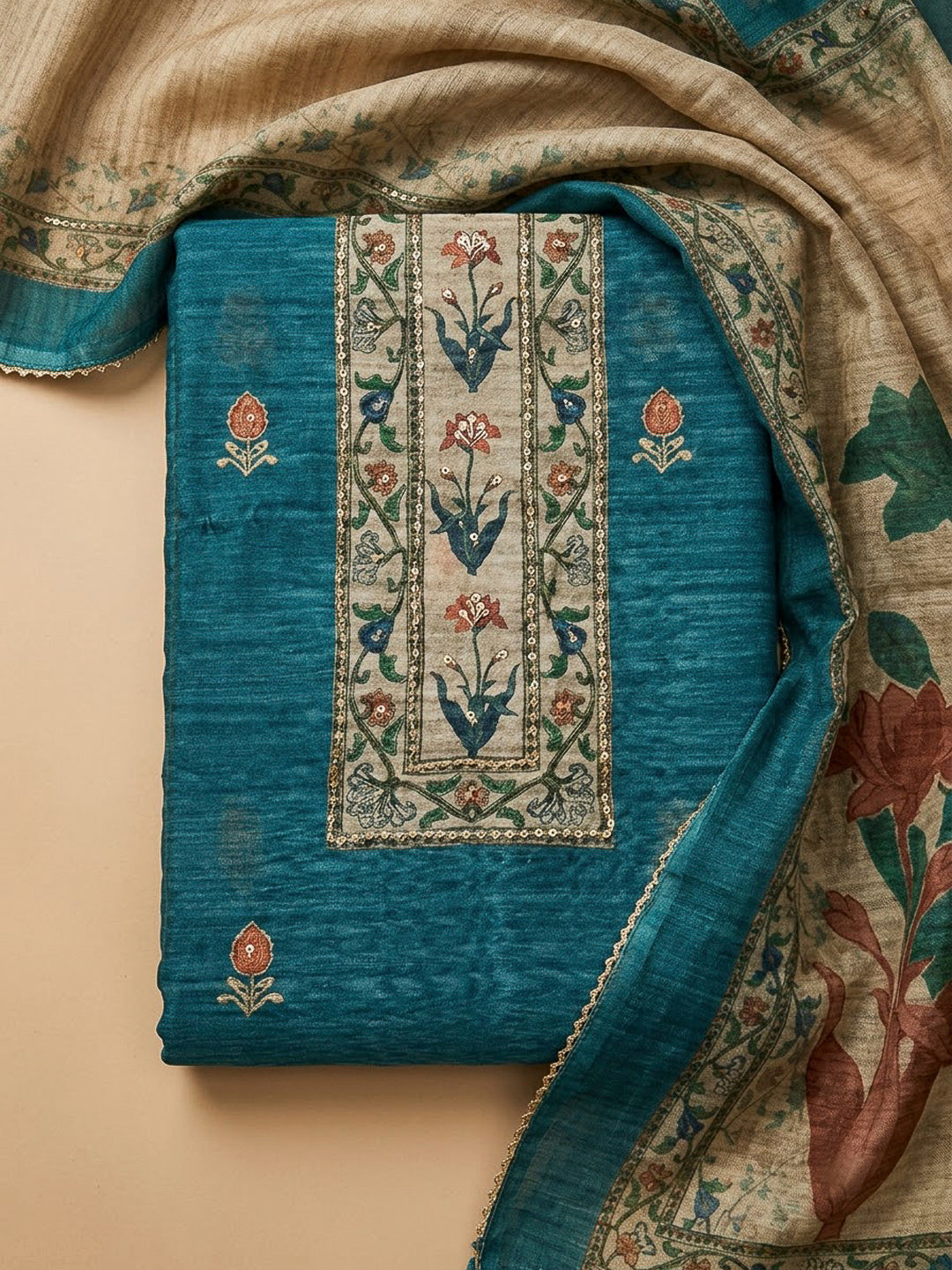 Blue Chanderi Embroidered Unstitched Dress Material