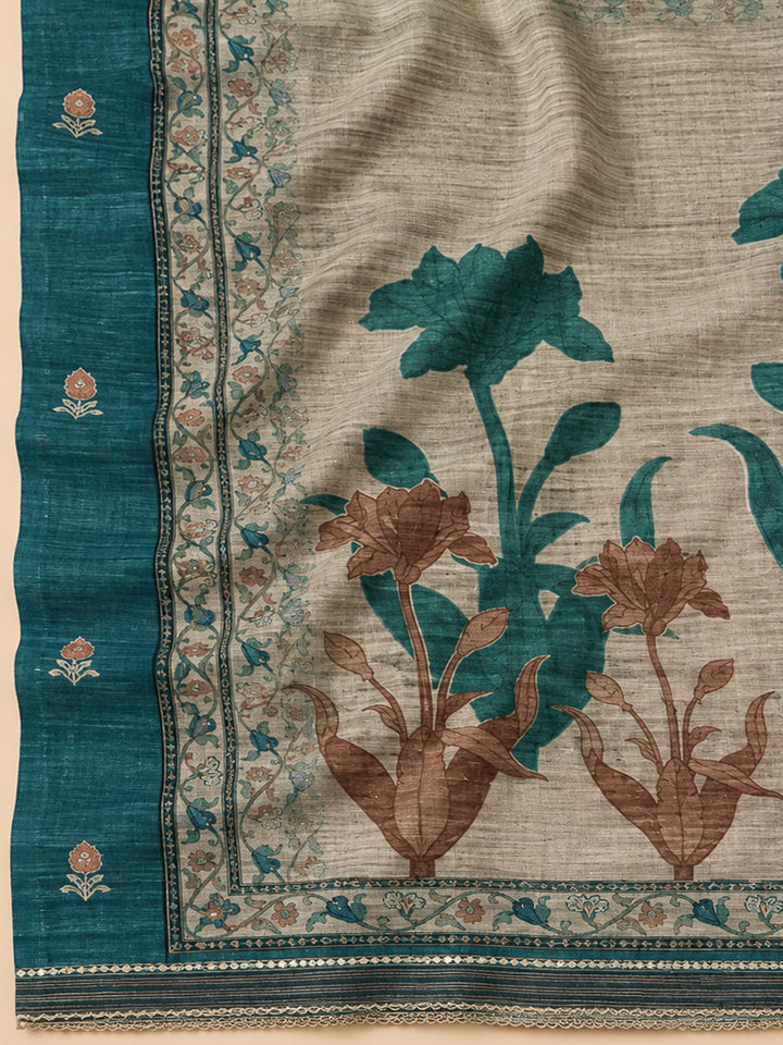 Blue Chanderi Embroidered Unstitched Dress Material