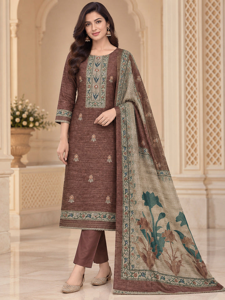 Brown Chanderi Embroidered Unstitched Dress Material