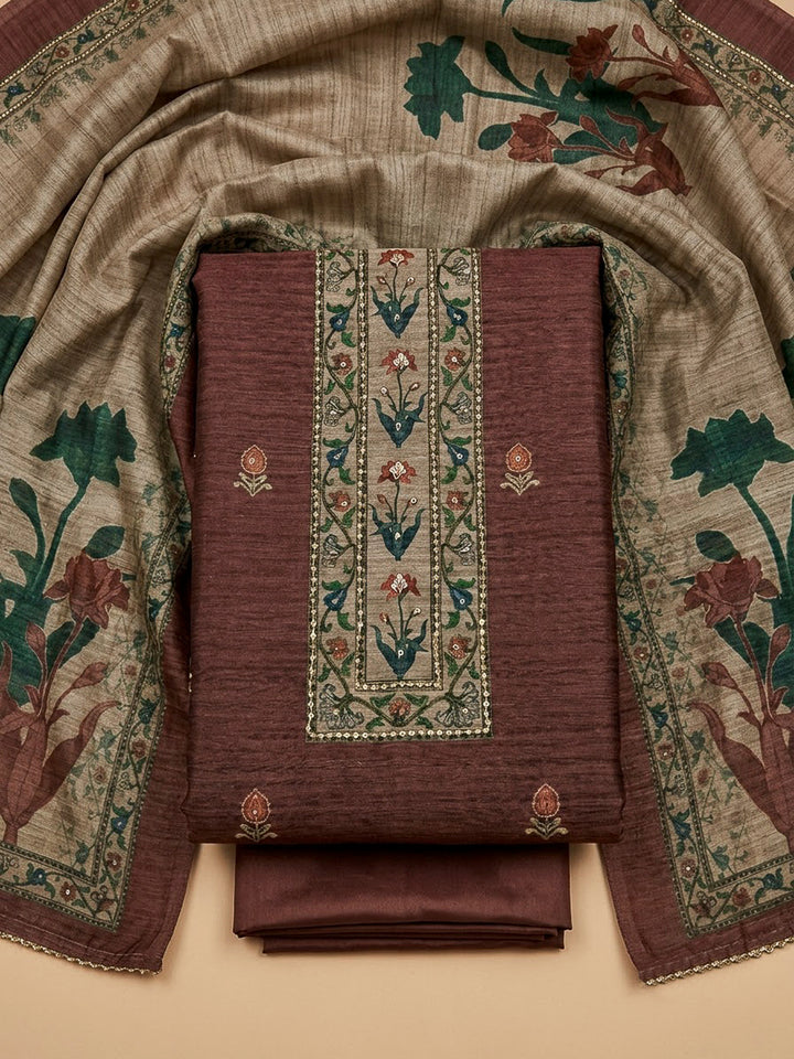 Brown Chanderi Embroidered Unstitched Dress Material