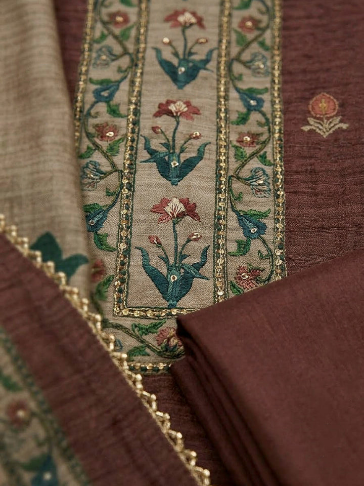Brown Chanderi Embroidered Unstitched Dress Material