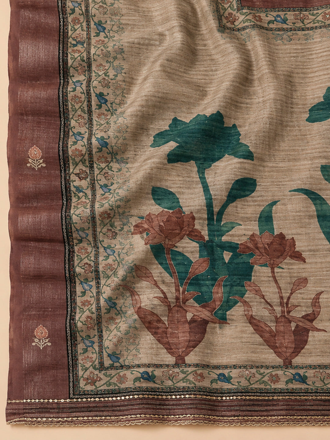 Brown Chanderi Embroidered Unstitched Dress Material
