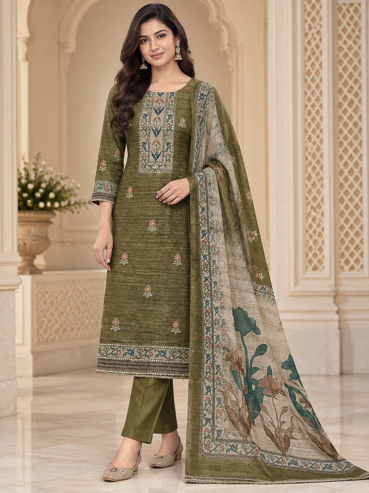 Mehndi Chanderi Embroidered Unstitched Dress Material