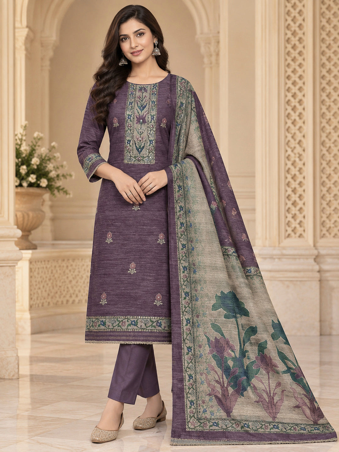 Purple Chanderi Embroidered Unstitched Dress Material