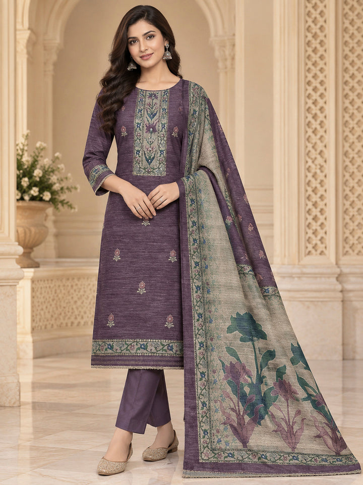 Purple Chanderi Embroidered Unstitched Dress Material