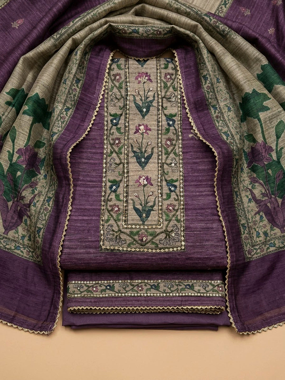 Purple Chanderi Embroidered Unstitched Dress Material