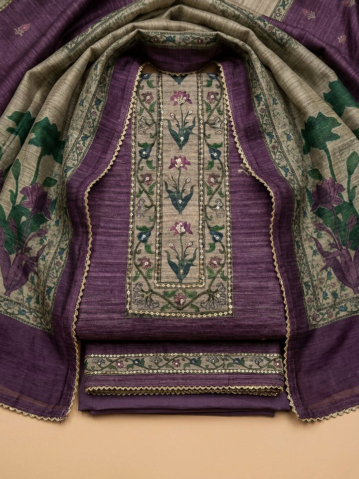 Purple Chanderi Embroidered Unstitched Dress Material