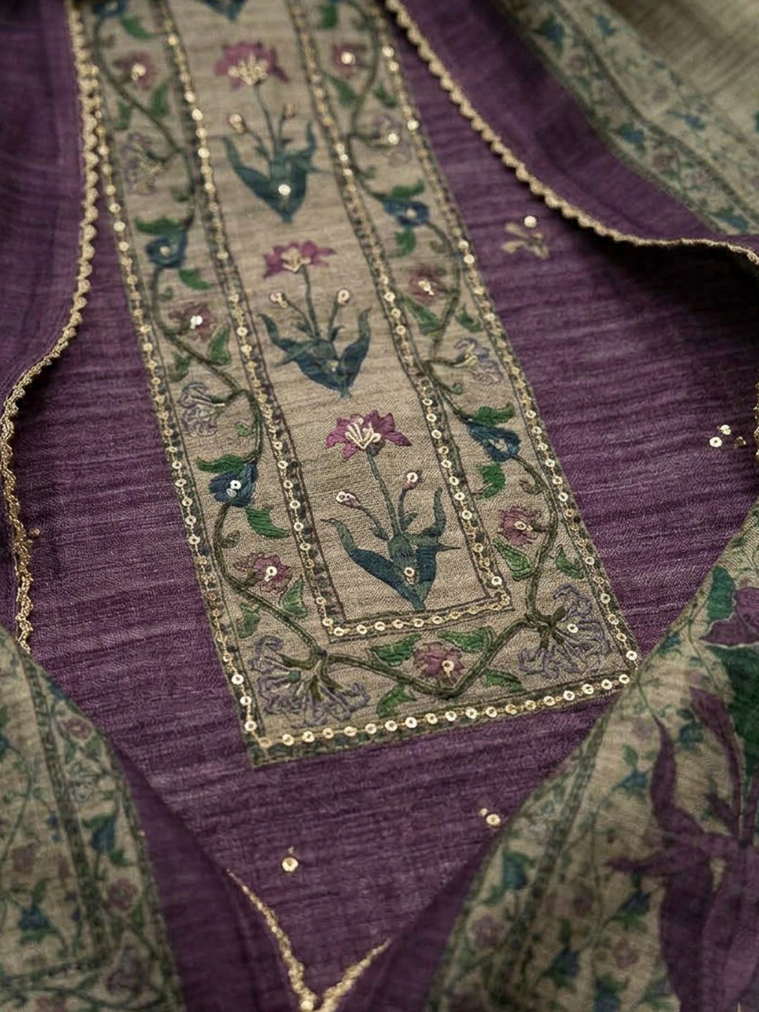 Purple Chanderi Embroidered Unstitched Dress Material