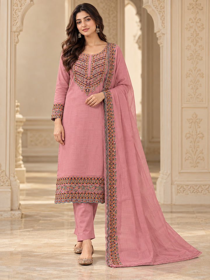 Onion-Pink Cotton Blend Embroidered Unstitched Dress Material