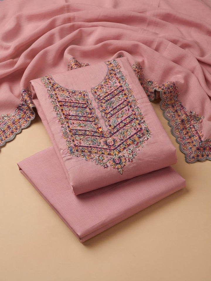 Onion-Pink Cotton Blend Embroidered Unstitched Dress Material