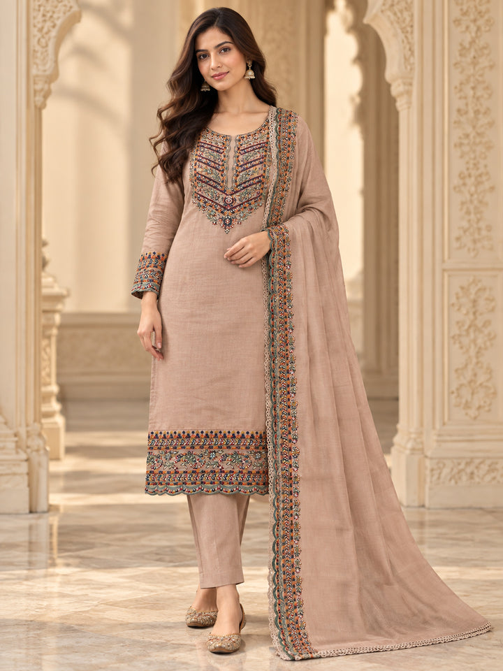 Peach Cotton Blend Embroidered Unstitched Dress Material