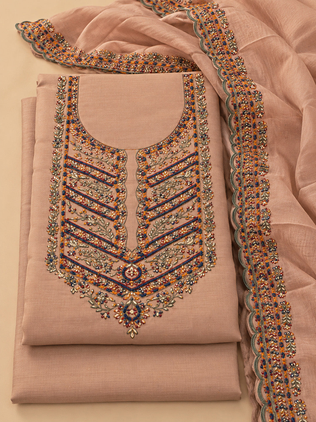 Peach Cotton Blend Embroidered Unstitched Dress Material