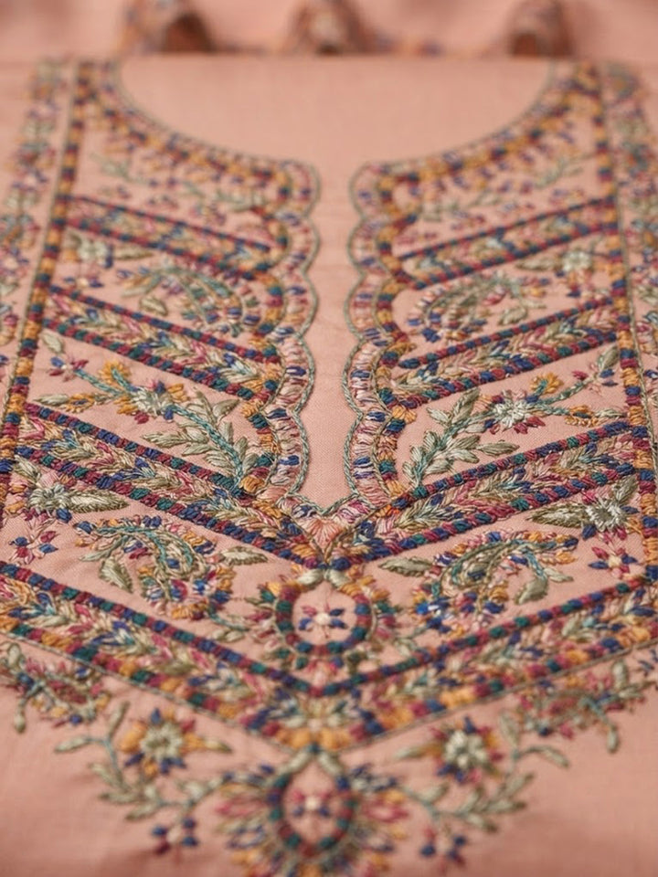 Peach Cotton Blend Embroidered Unstitched Dress Material