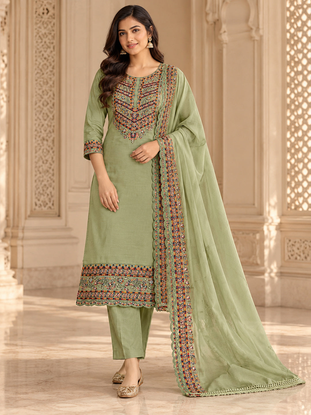 Pista-Green Cotton Blend Embroidered Unstitched Dress Material