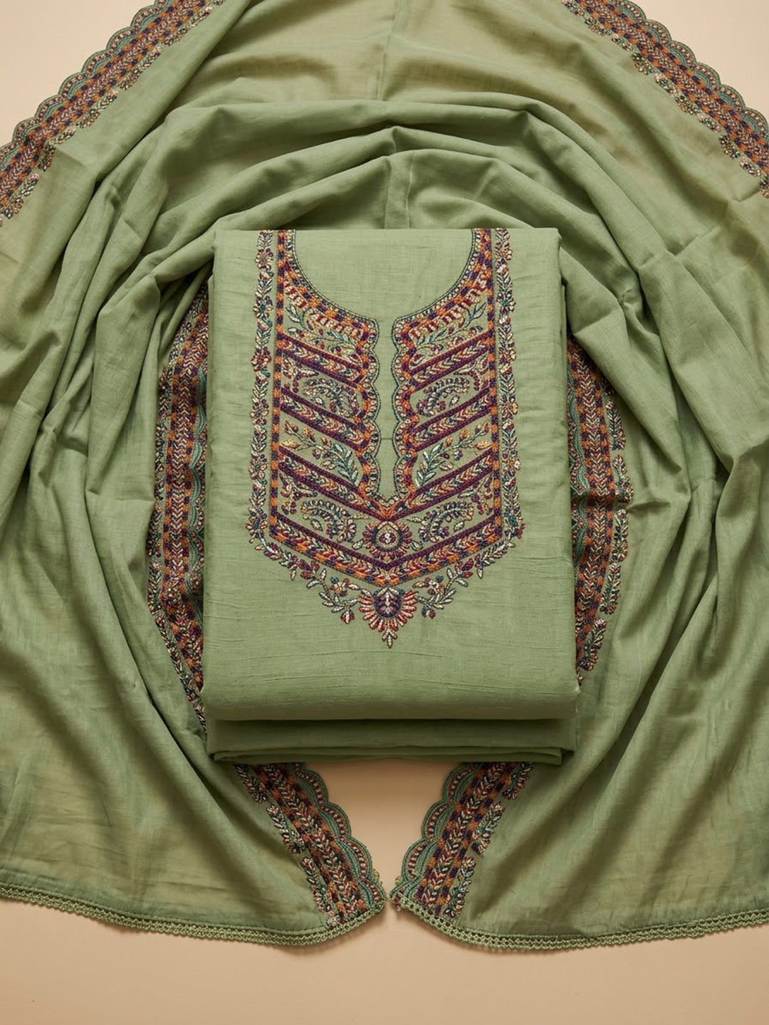Pista-Green Cotton Blend Embroidered Unstitched Dress Material