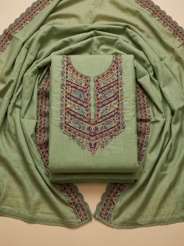 Pista-Green Cotton Blend Embroidered Unstitched Dress Material
