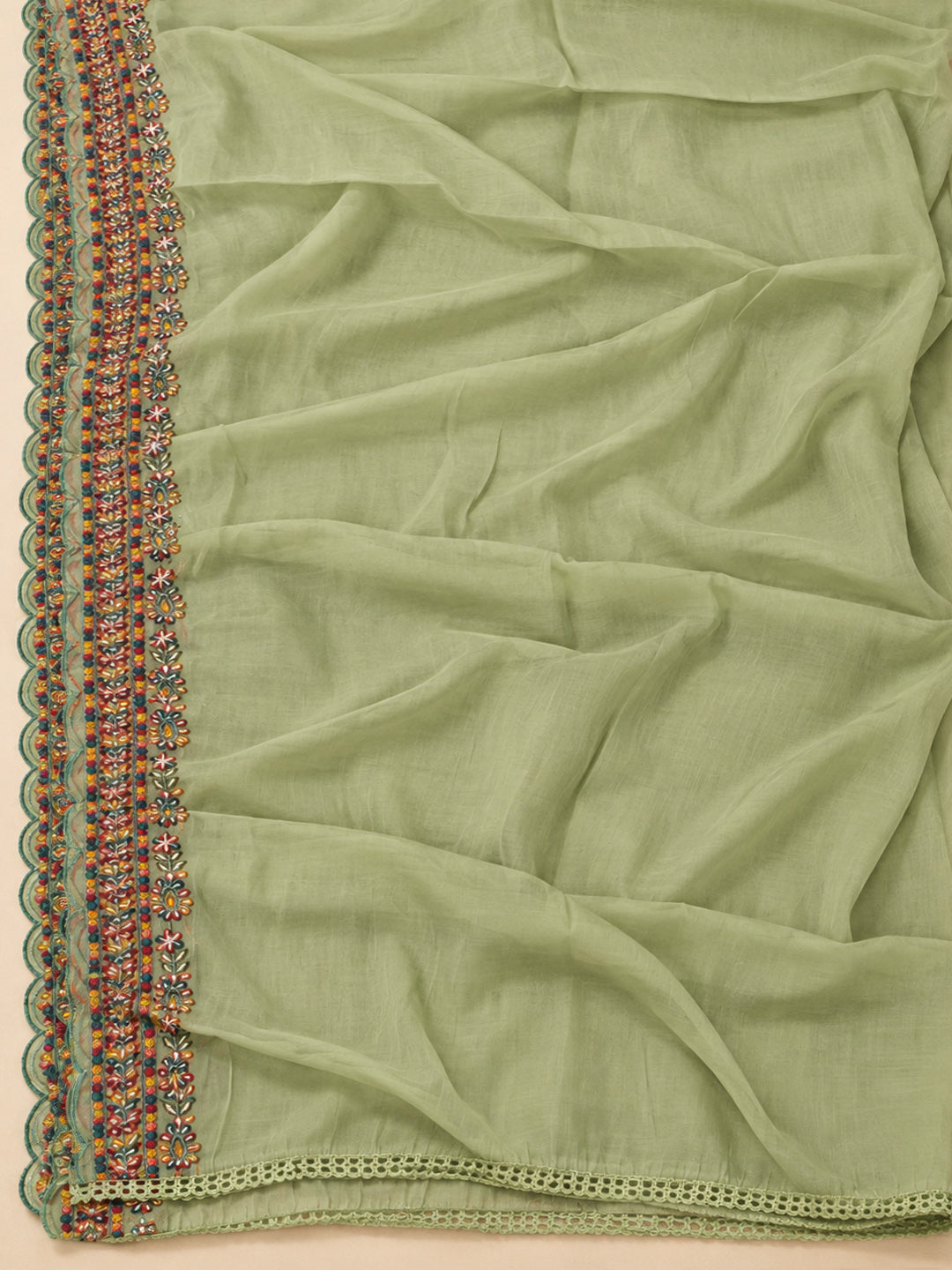 Pista-Green Cotton Blend Embroidered Unstitched Dress Material