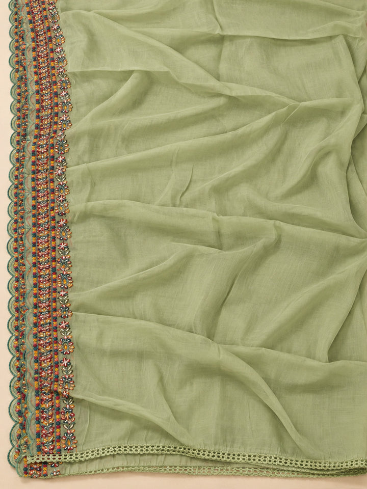 Pista-Green Cotton Blend Embroidered Unstitched Dress Material