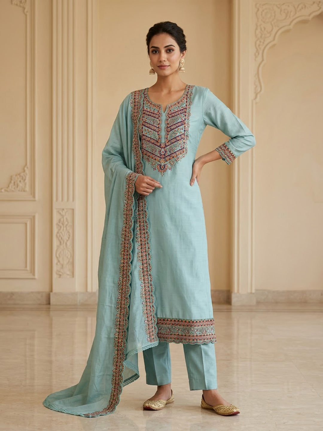 Sea-Green Cotton Blend Embroidered Unstitched Dress Material