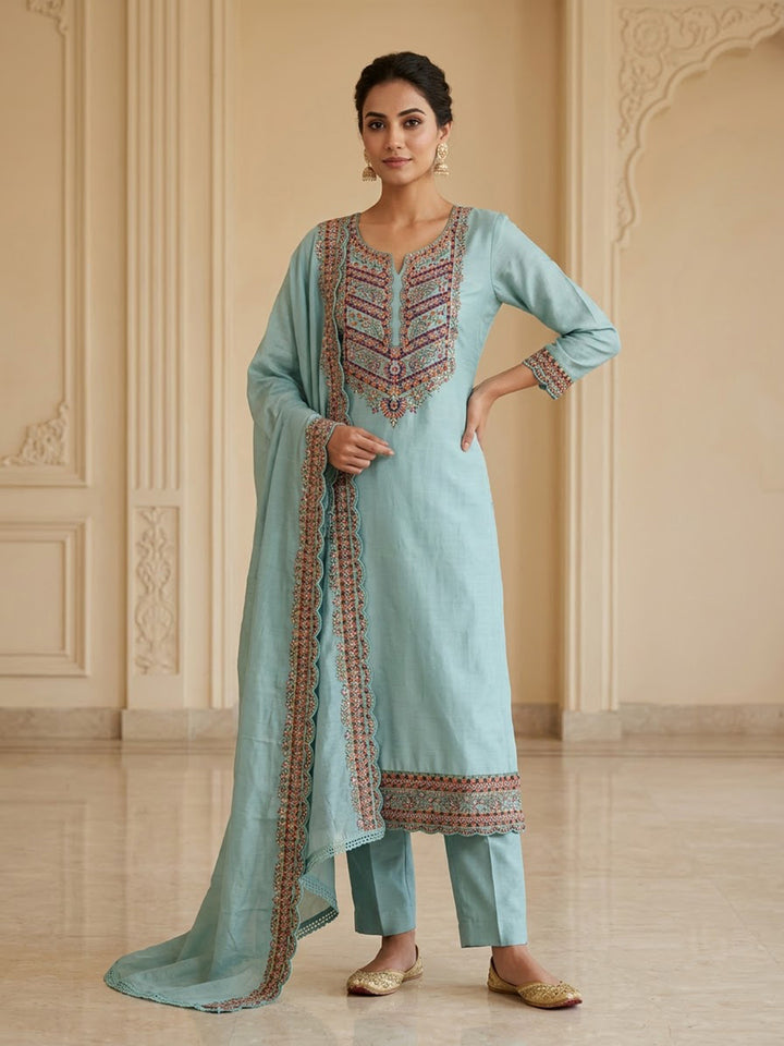 Sea-Green Cotton Blend Embroidered Unstitched Dress Material