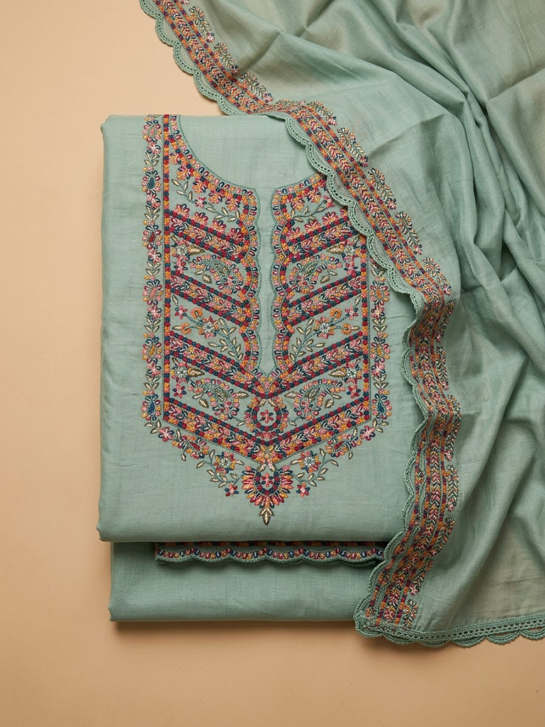 Sea-Green Cotton Blend Embroidered Unstitched Dress Material