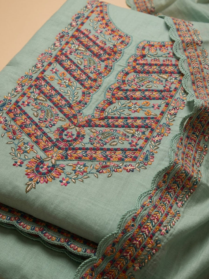 Sea-Green Cotton Blend Embroidered Unstitched Dress Material