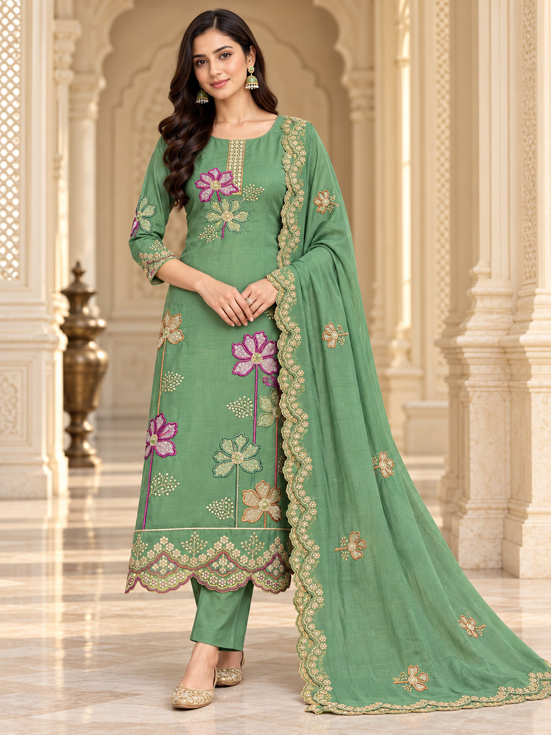 Aqua-Green Chanderi Embroidered Unstitched Dress Material