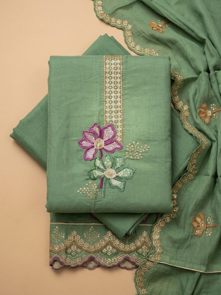 Aqua-Green Chanderi Embroidered Unstitched Dress Material