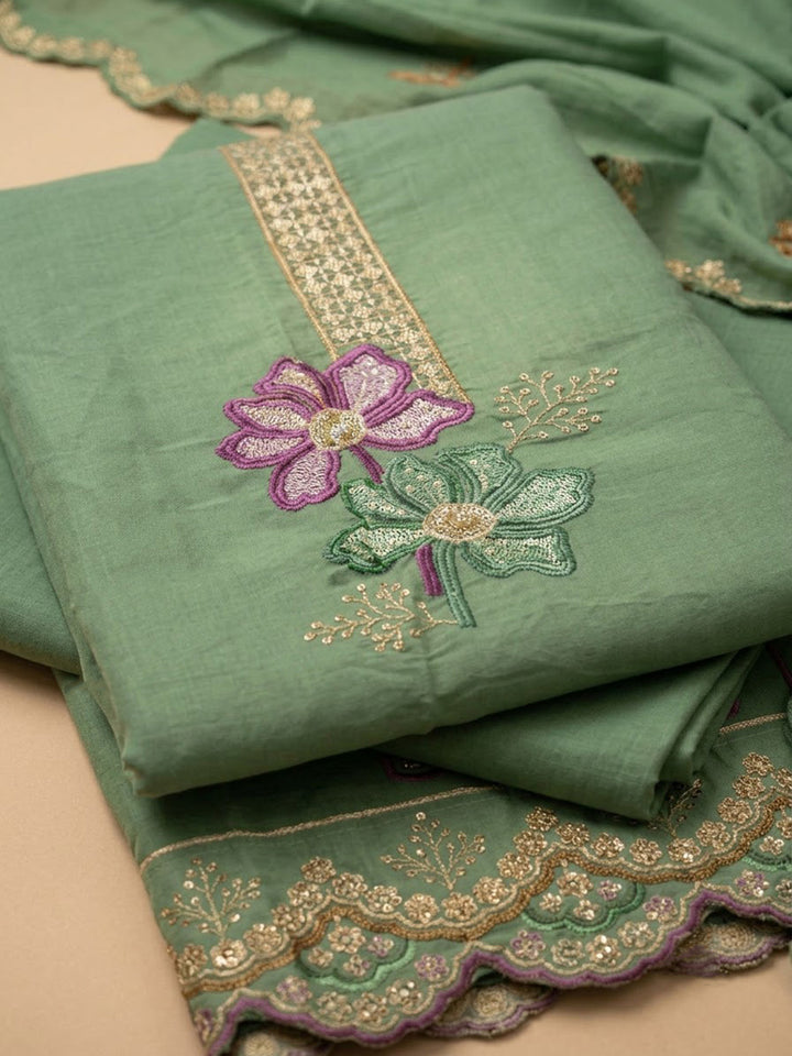 Aqua-Green Chanderi Embroidered Unstitched Dress Material