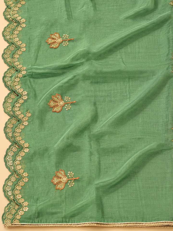 Aqua-Green Chanderi Embroidered Unstitched Dress Material