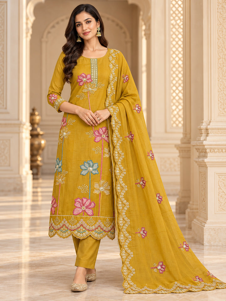 Mustard Chanderi Embroidered Unstitched Dress Material