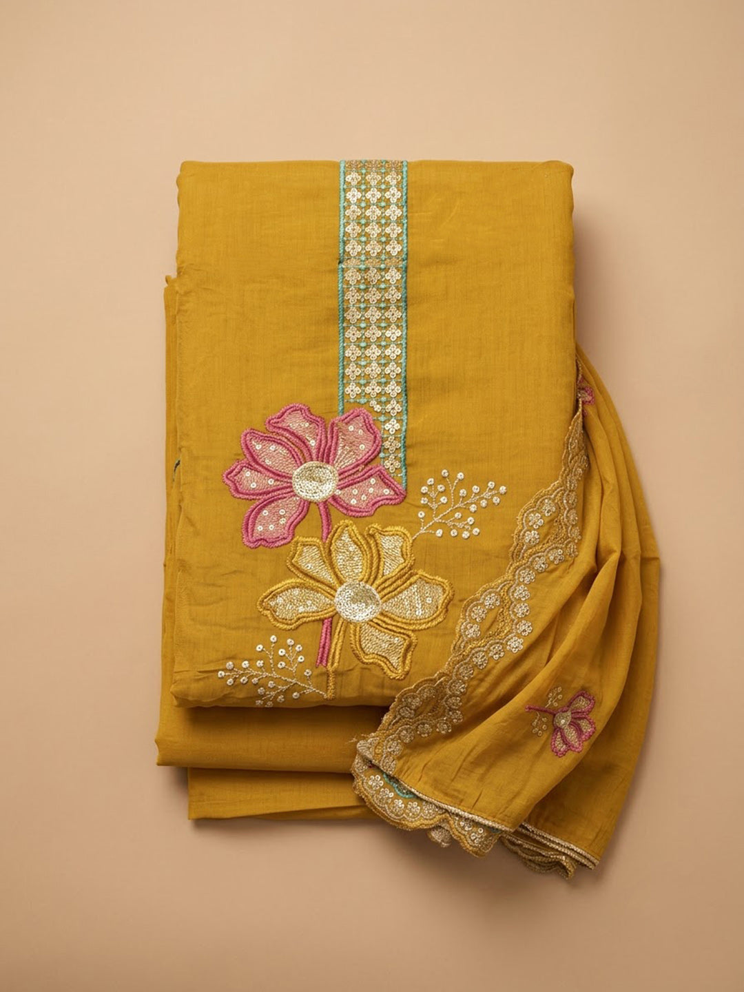 Mustard Chanderi Embroidered Unstitched Dress Material