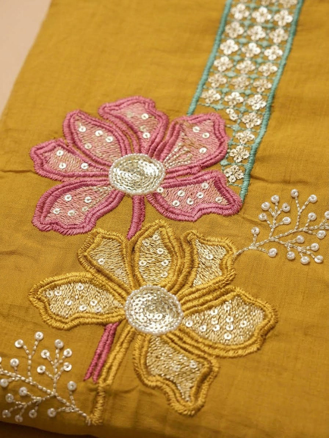 Mustard Chanderi Embroidered Unstitched Dress Material