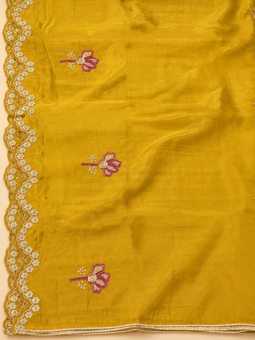 Mustard Chanderi Embroidered Unstitched Dress Material