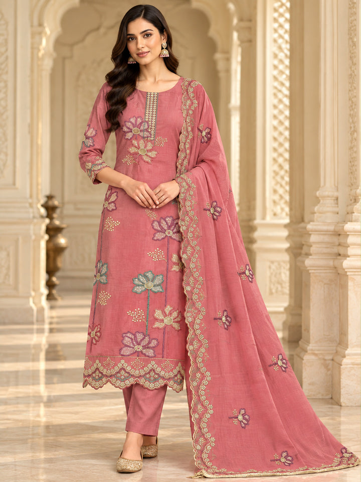 Onion-Pink Chanderi Embroidered Unstitched Dress Material