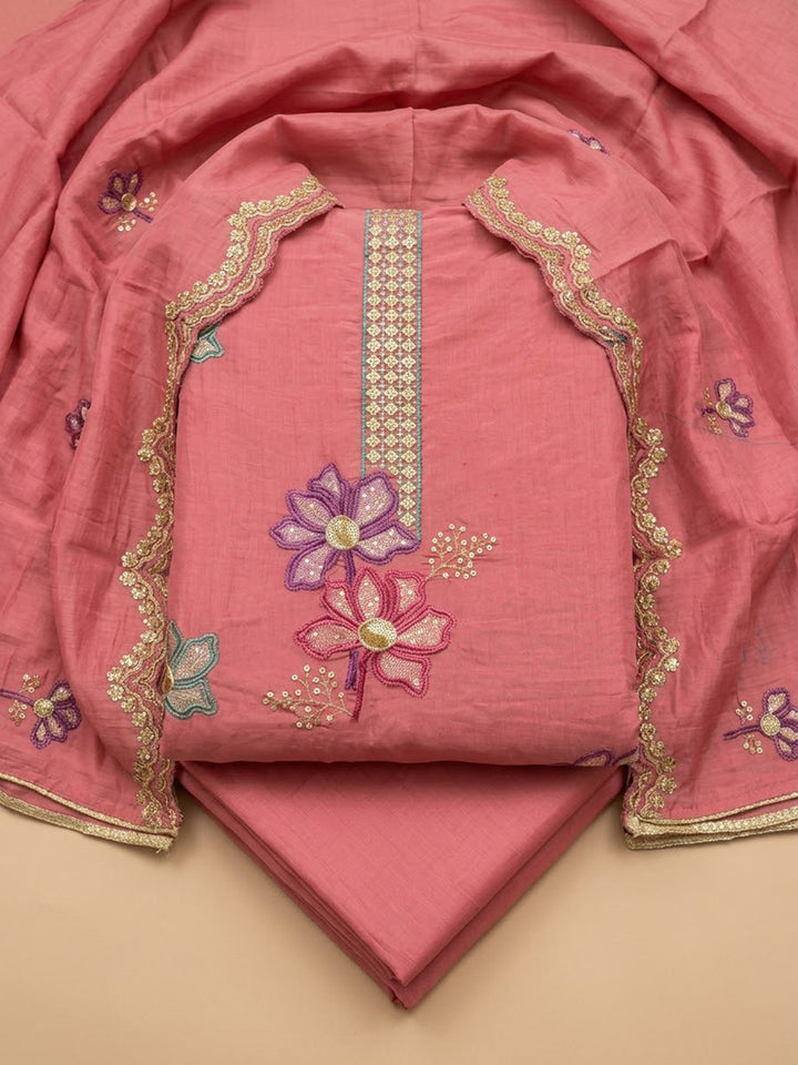 Onion-Pink Chanderi Embroidered Unstitched Dress Material