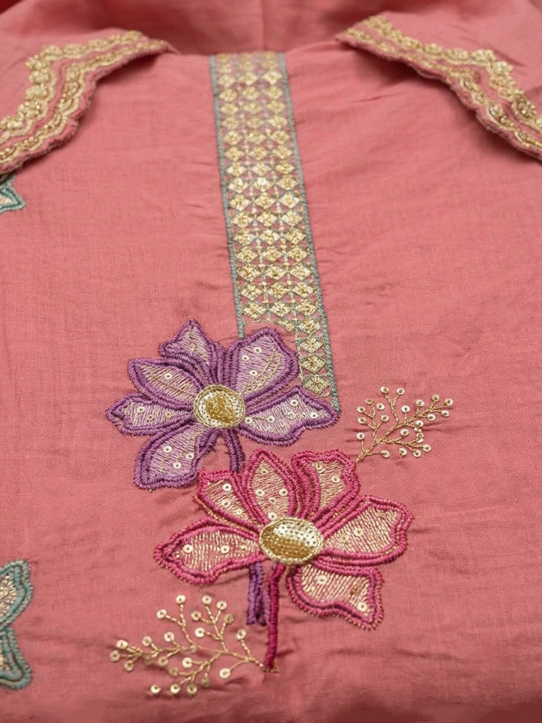 Onion-Pink Chanderi Embroidered Unstitched Dress Material