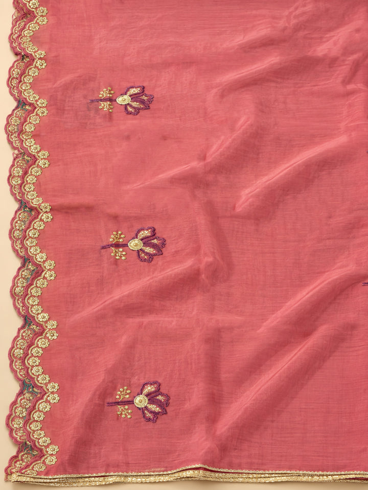 Onion-Pink Chanderi Embroidered Unstitched Dress Material