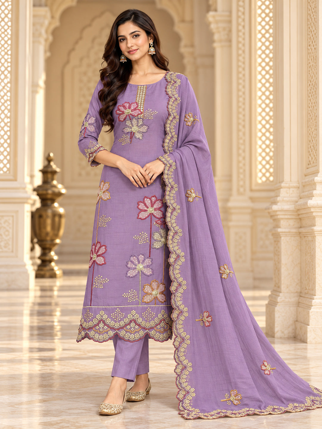 Purple Chanderi Embroidered Unstitched Dress Material