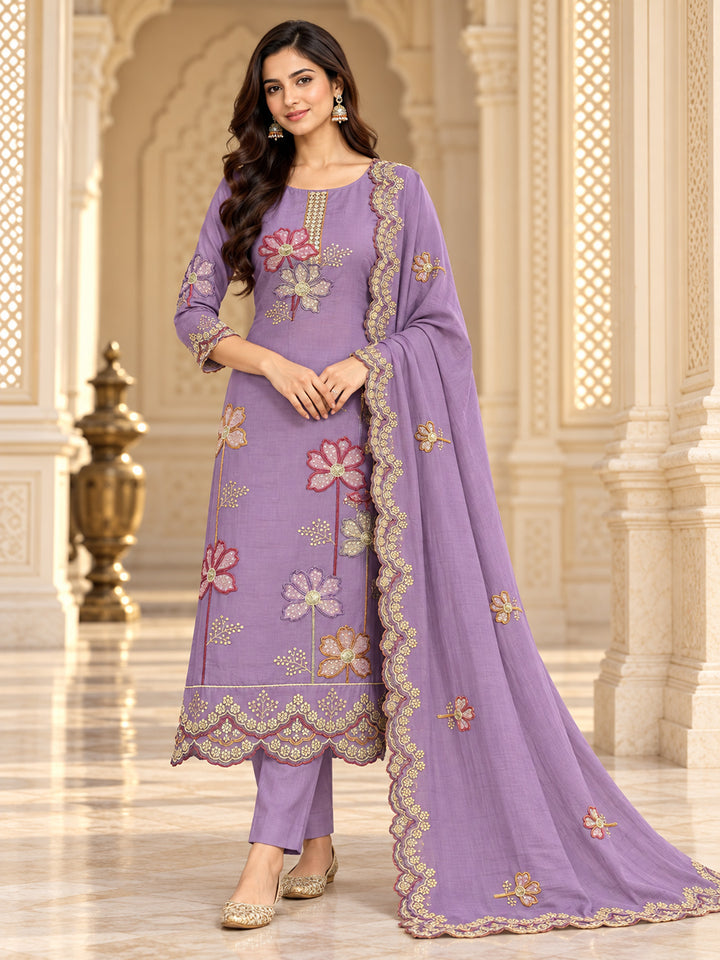 Purple Chanderi Embroidered Unstitched Dress Material