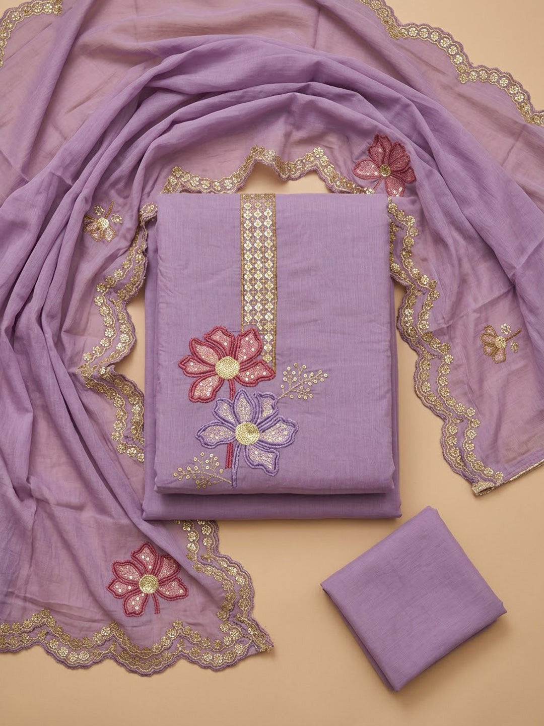Purple Chanderi Embroidered Unstitched Dress Material
