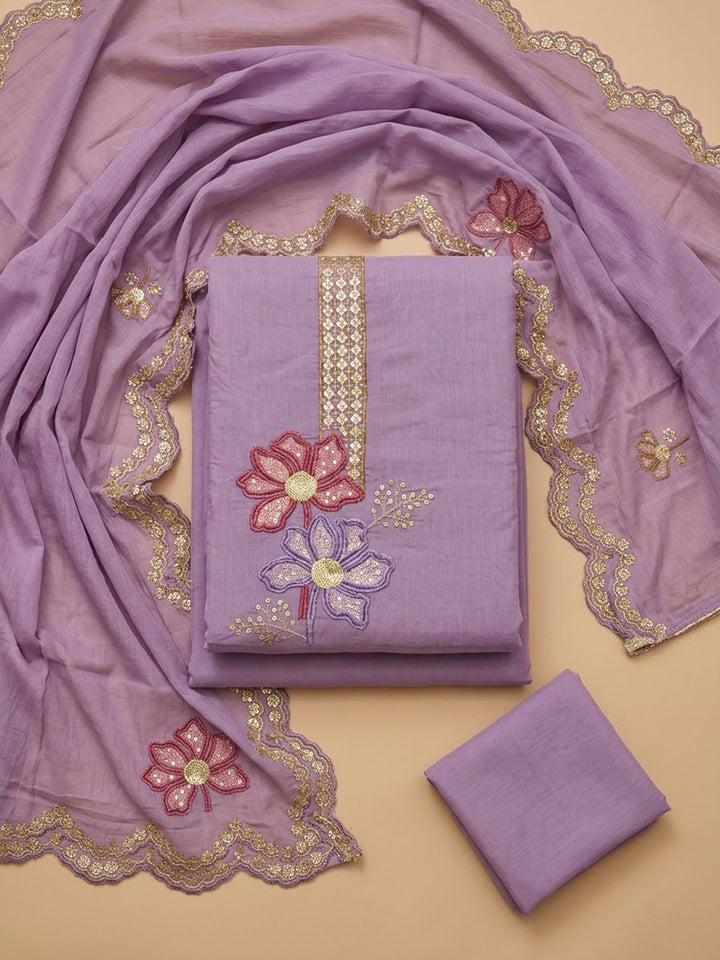 Purple Chanderi Embroidered Unstitched Dress Material