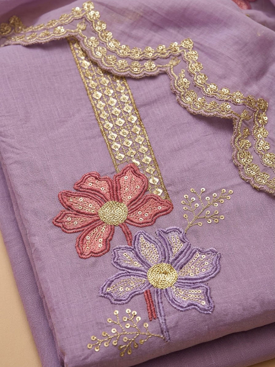 Purple Chanderi Embroidered Unstitched Dress Material