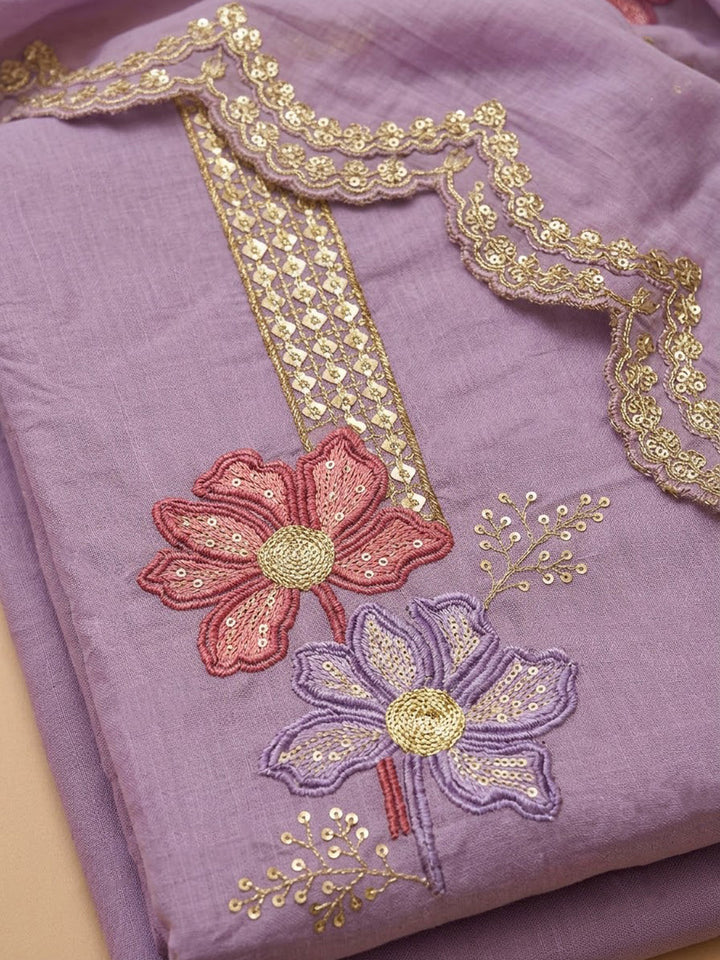 Purple Chanderi Embroidered Unstitched Dress Material