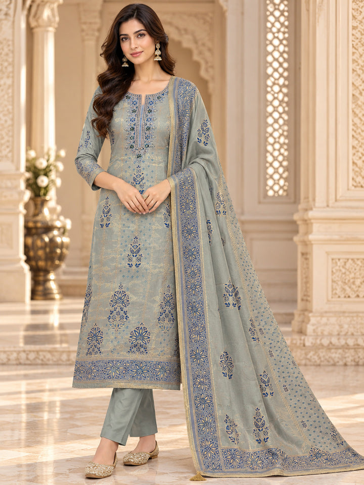 Blue Chanderi Embroidered Unstitched Dress Material