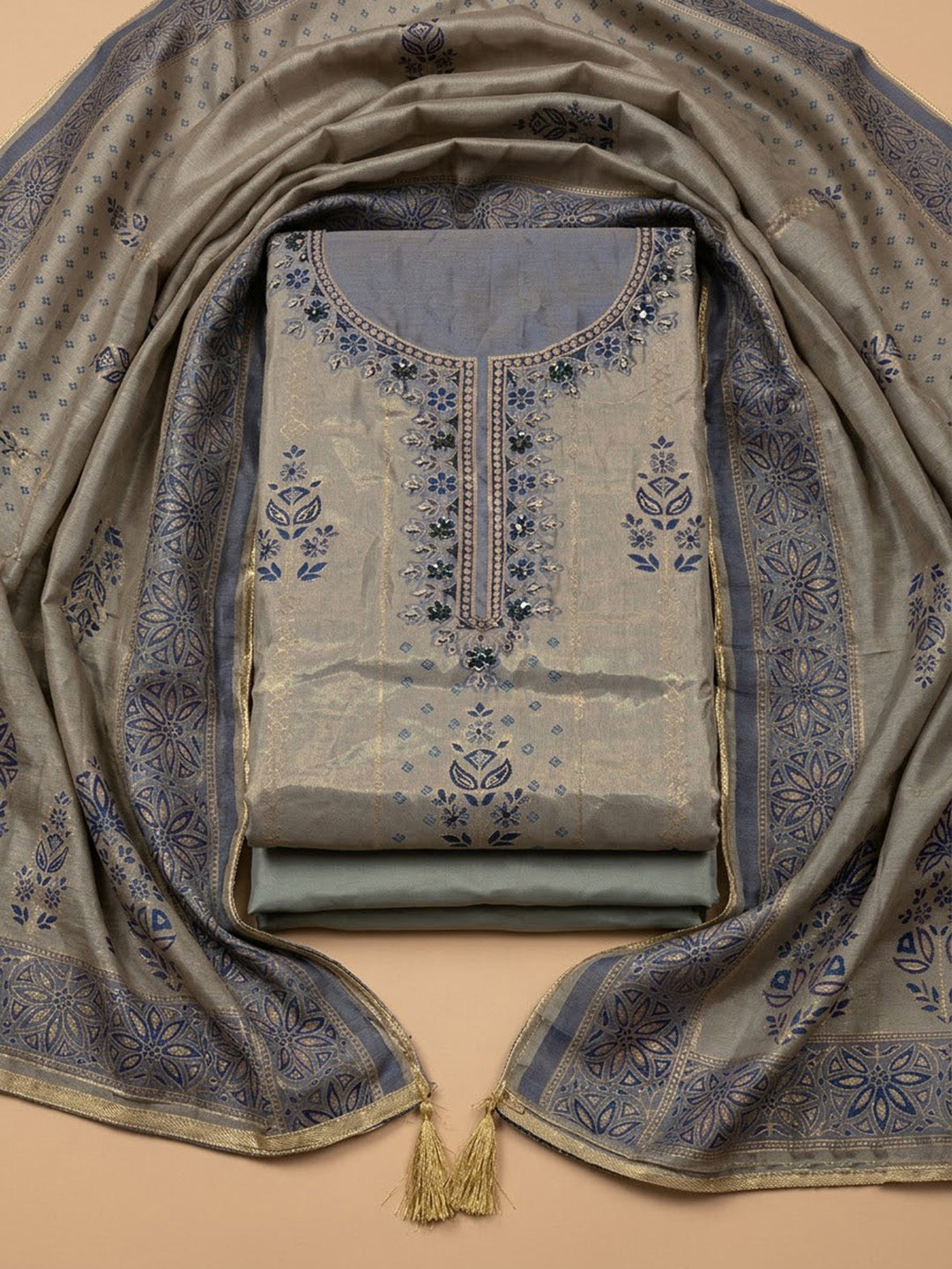 Blue Chanderi Embroidered Unstitched Dress Material